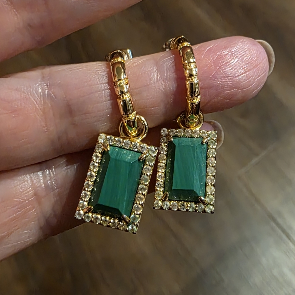 F+H Earrings 18k Goldplated Emerald Aventurine Cased Reqtangel Diamond Frame New